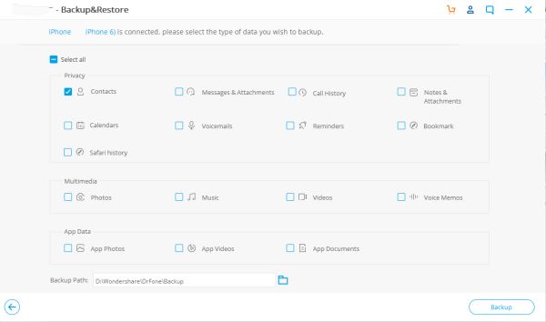 Select the type of data you want to backup