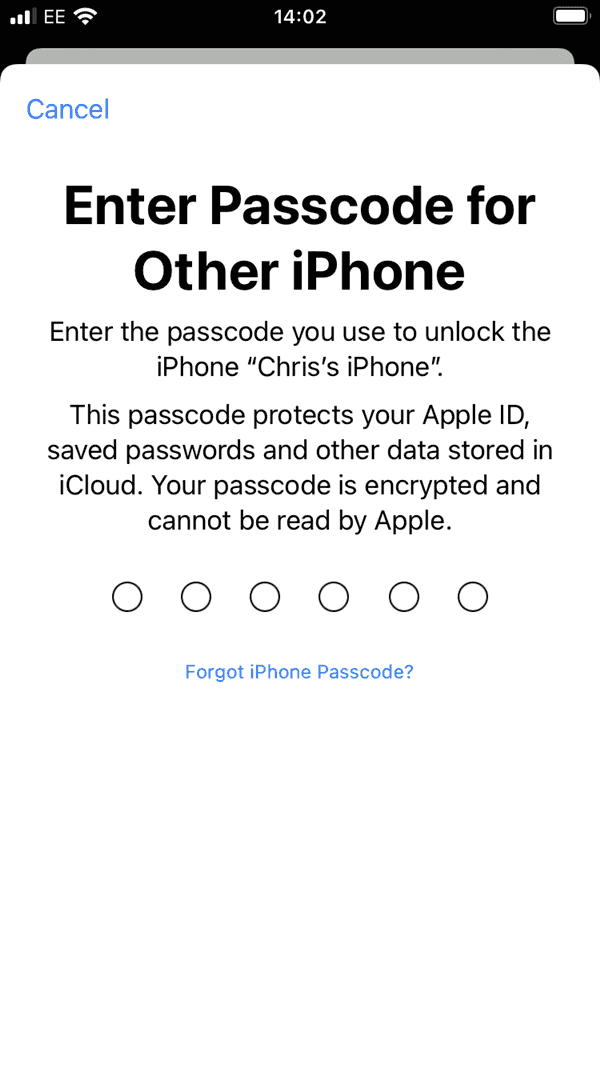 Stuck on Enter Passcode for Other iPhone