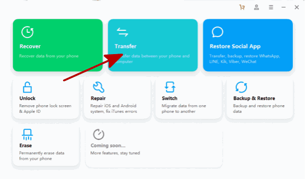 Click transfer to transfer data between android and computer.