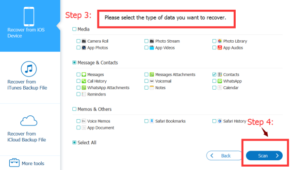 Select the type of data you want recover,and click 