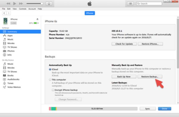 Restore contacts from iTunes