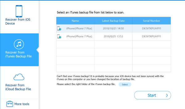 Choose the iTunes backup files and click Start