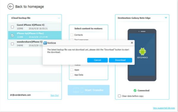 Select iCloud backup file