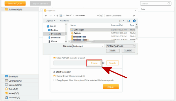 Select Outlook recovery files